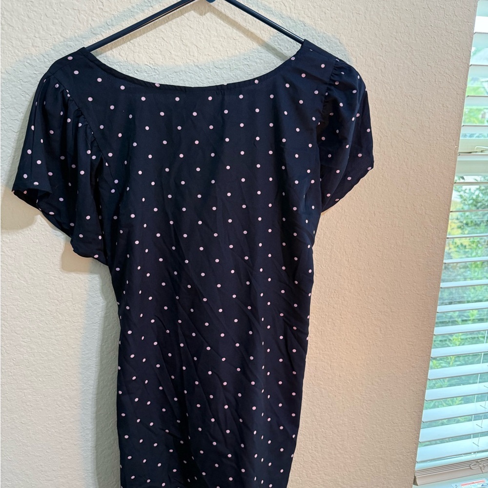 Motherhood Maternity Polka Dot Top Navy Pink Blouse - Size L w/ Tie Short Sleeve - Picture 2 of 3